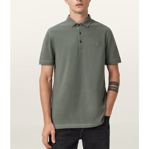AllSaints Reform Polo Shirt Cotton Embroidered Logo Slim Fit Green Size Medium - Picture 1 of 9